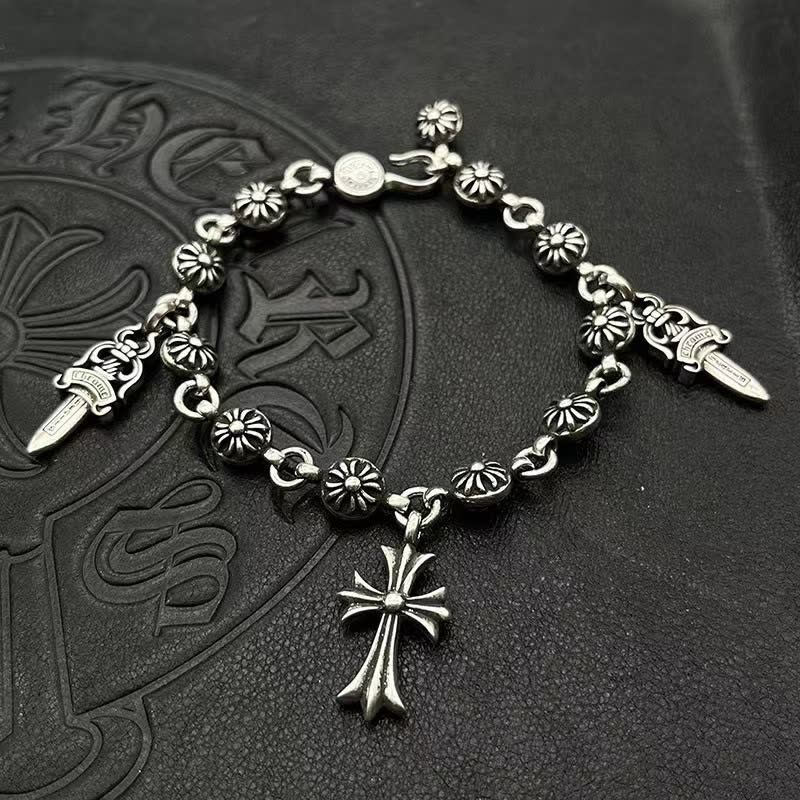 Chrome Hearts Silver Cross and Floral Bead Bracelet
